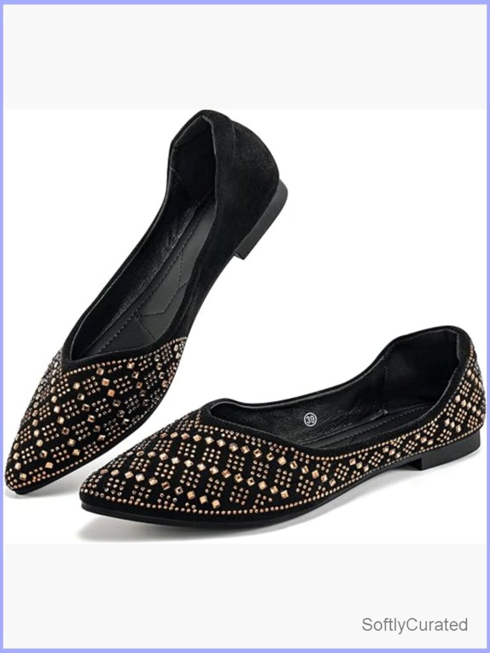 Pointed Toe Ballet Flats with Rhinestones, Suede, Slip-Resistant Sole